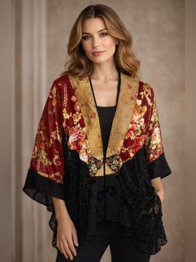 Vintage Spencer Alexis Sz M Patchwork Kimono Jacket Floral Embroidered Boho Art
